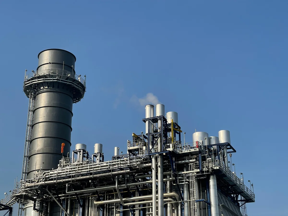 Process columns and piping at a fertilizer manufacturing plant