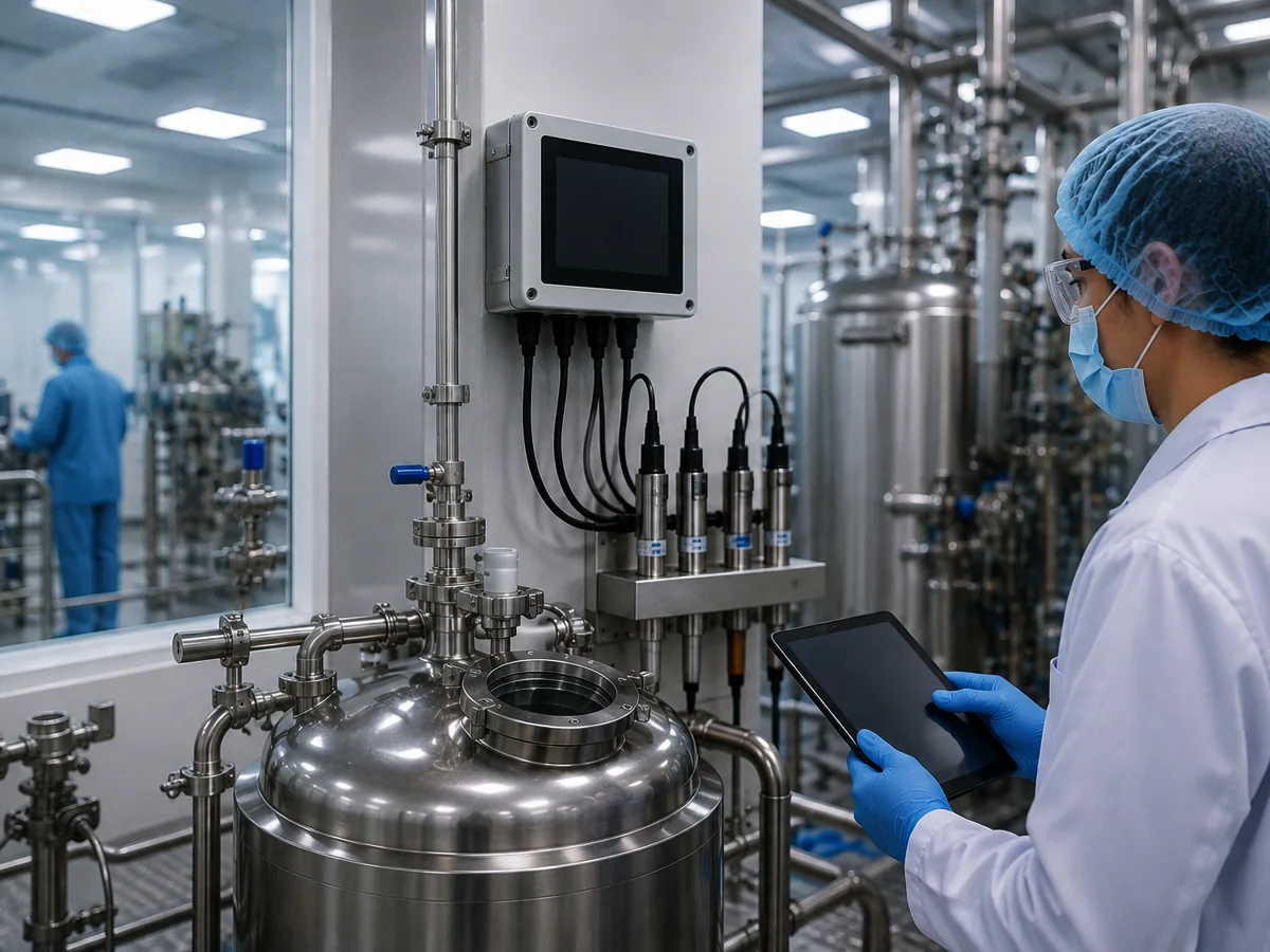 Technician monitoring a stainless steel process vessel in a pharmaceutical production facility